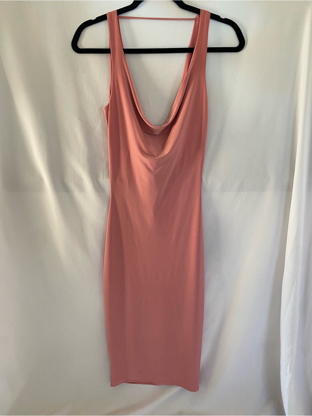 Windsor Dusty Rose Satin Cowl Neck Midi Dress Open Back With Dramatic Draping.